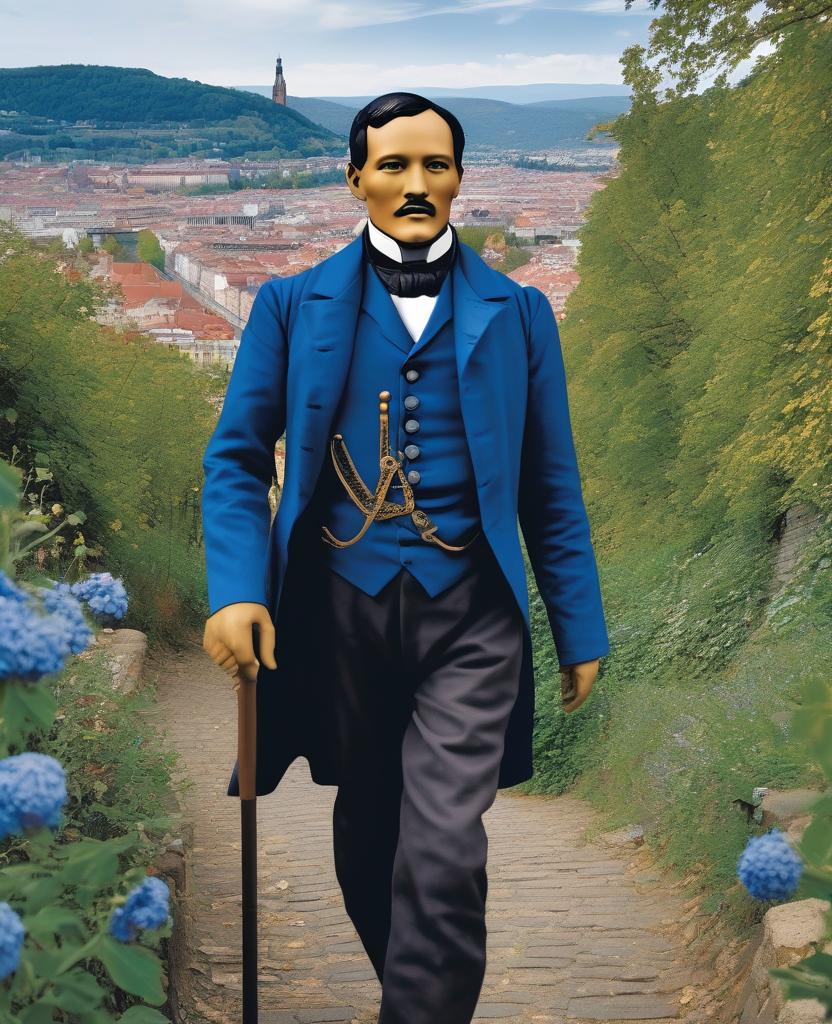 A Depiction of Jose Rizal along the the Philosopher's way with a view of the town Heidelberg and the flowers of Heidelberg. 