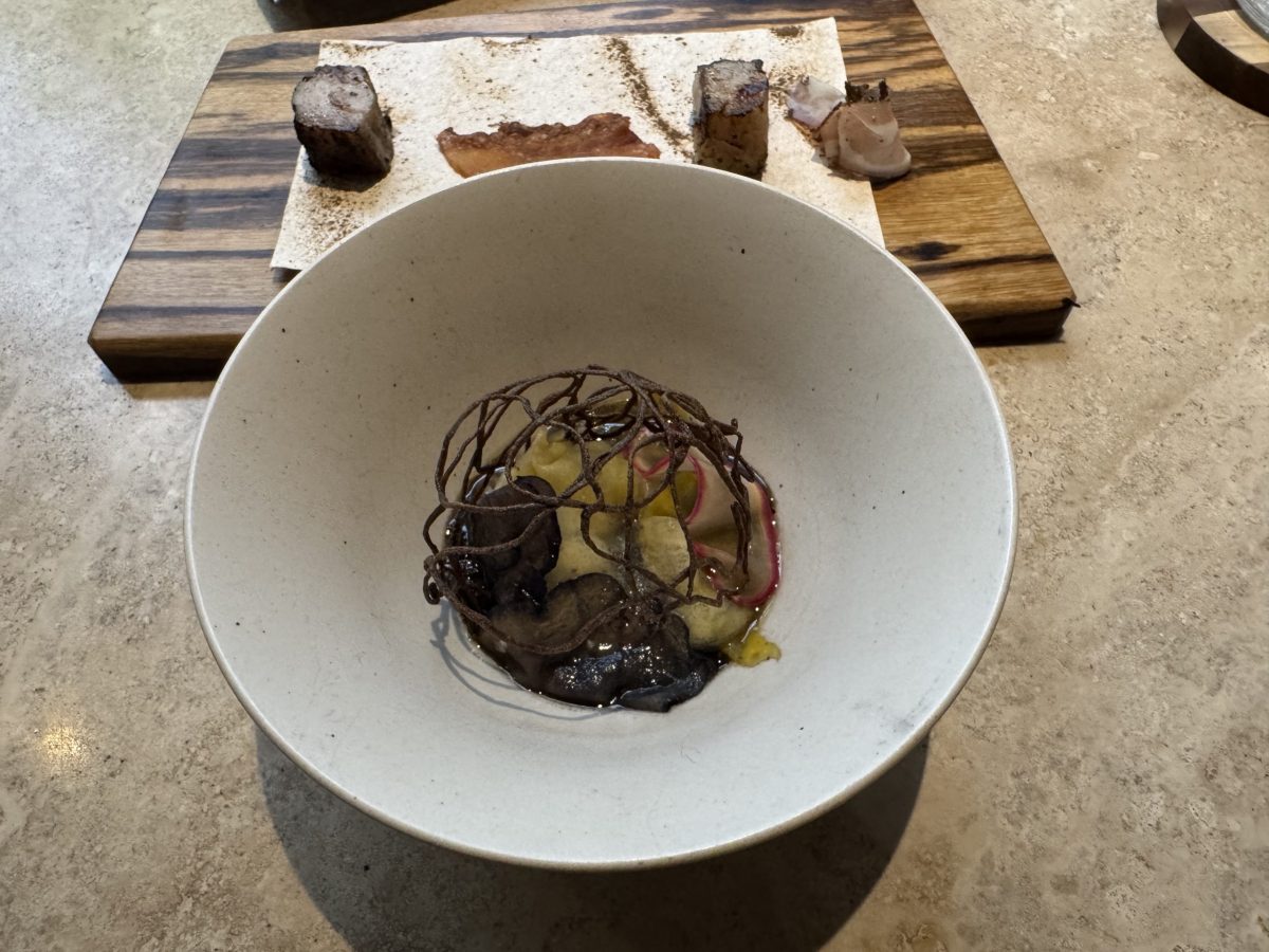 Aguas de Amazonia: A flavorful exploration at 180 meters above sea level, showcasing Pacu, Nuez de Madre de Dios, and Vaca. This dish brings the lush Amazonian landscape to the plate with earthy, rich textures and a striking presentation.