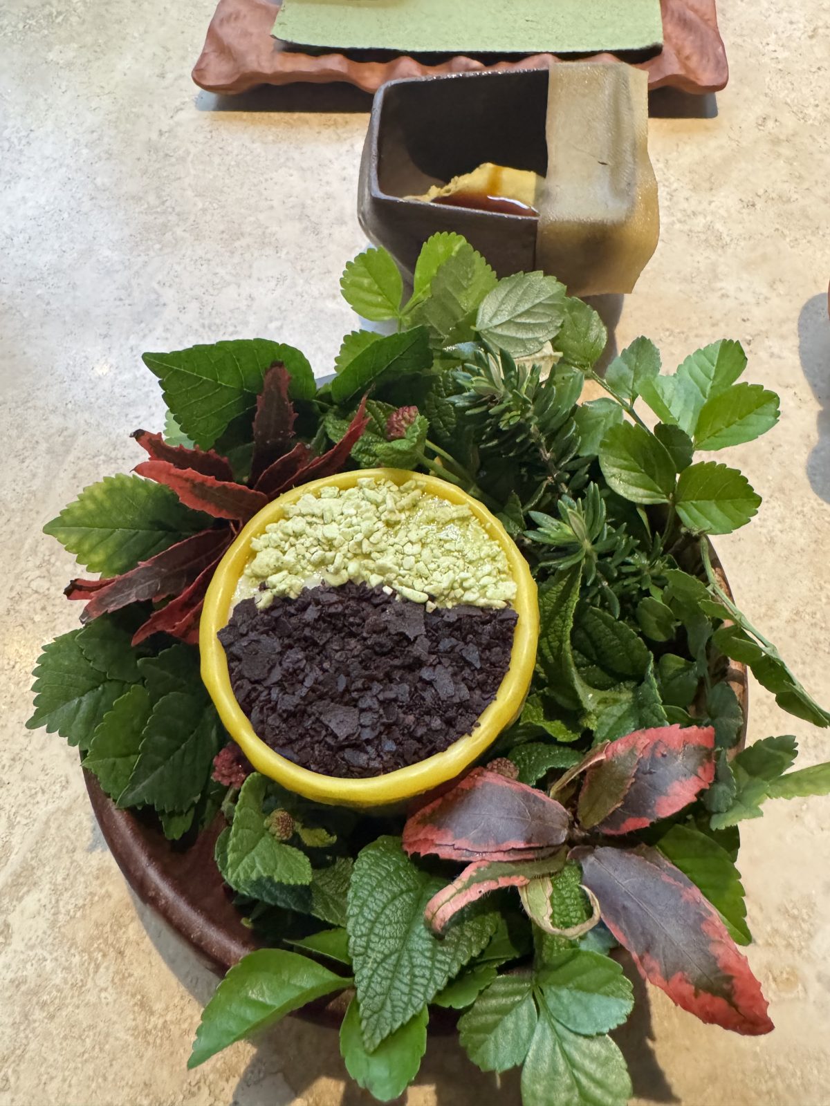 Mil Moray: A dessert inspired by the high Andes at 3,600 meters above sea level, featuring Kabuya, Munya, and Yacon. This vibrant dish brings together the earthy flavors of Andean ingredients in a beautiful blend of colors and textures, nestled within a bed of fresh greens.